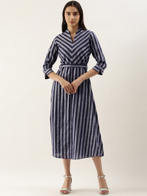 

AND Navy Blue & Grey Striped A-Line Midi Dress