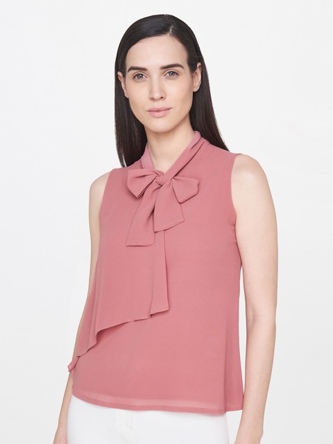 

AND Pink Solid Tie-Up Neck Top