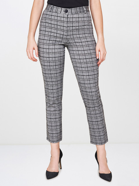 

AND Women Grey Checked Slim Fit Trousers
