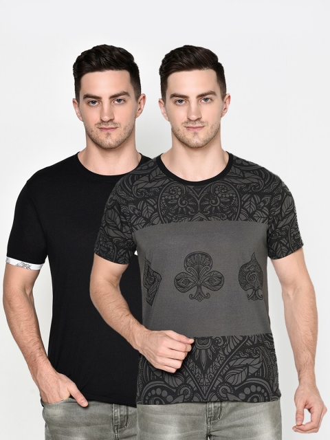 

ELEGANCE Men Pack Of 2 Black & Grey Printed T-shirts