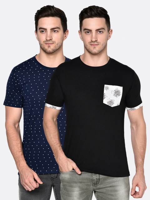 

ELEGANCE Men Set of 2 Navy Blue & Black Printed T-shirts