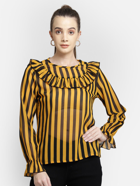 

Yaadleen Women Mustard Yellow & Black Striped Semi Sheer Top