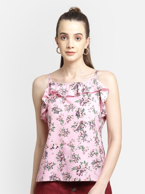 

Yaadleen Pink Floral Ruffles Floral Regular Top