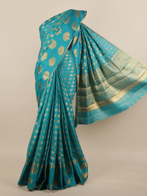 

Pothys Teal Blue & Gold-Toned Ethnic Motifs Zari Jute Silk Saree