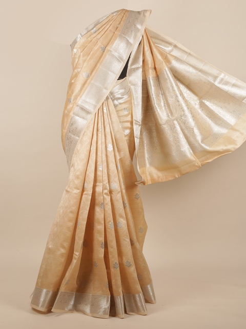 

Pothys Cream-Coloured & Silver Floral Woven Design Zari Jute Silk Saree