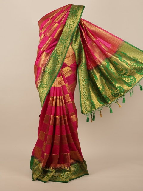 

Pothys Magenta Pink & Green Ethnic Motifs Zari Jute Silk Saree