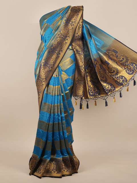 

Pothys Blue & Gold-Toned Ethnic Motifs Zari Jute Silk Saree