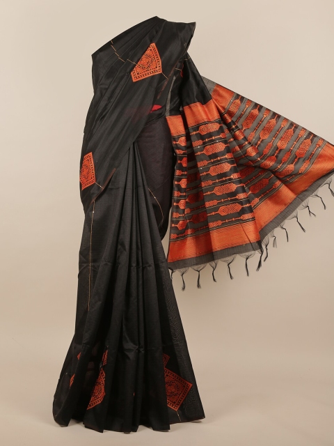 

Pothys Black & Orange Ethnic Motifs Jute Silk Saree