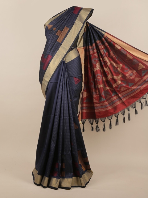 

Pothys Navy Blue & Maroon Geometric Woven Design Jute Silk Saree