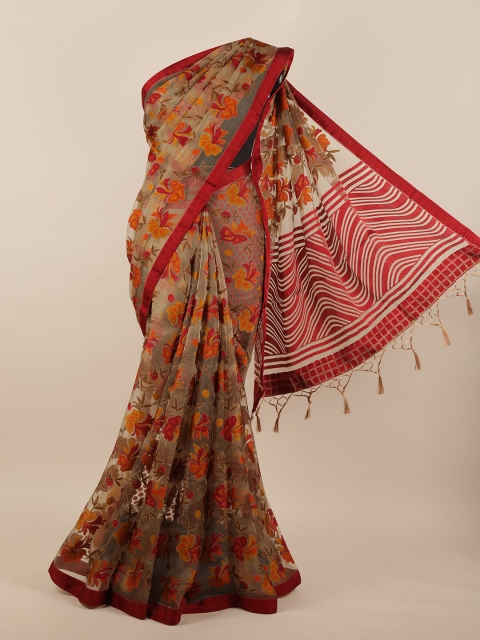 

Pothys Tan & Maroon Floral Tissue Saree