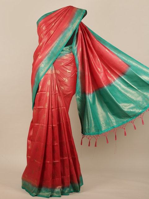 

Pothys Pink & Sea Green Ethnic Motifs Woven Design & Checked Zari Jute Silk Saree