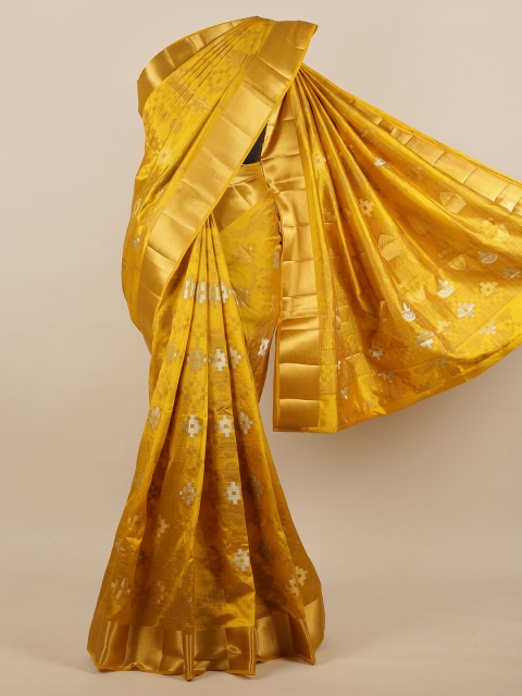 

Pothys Yellow & Gold-Coloured Geometric Woven Design Jute Silk Saree