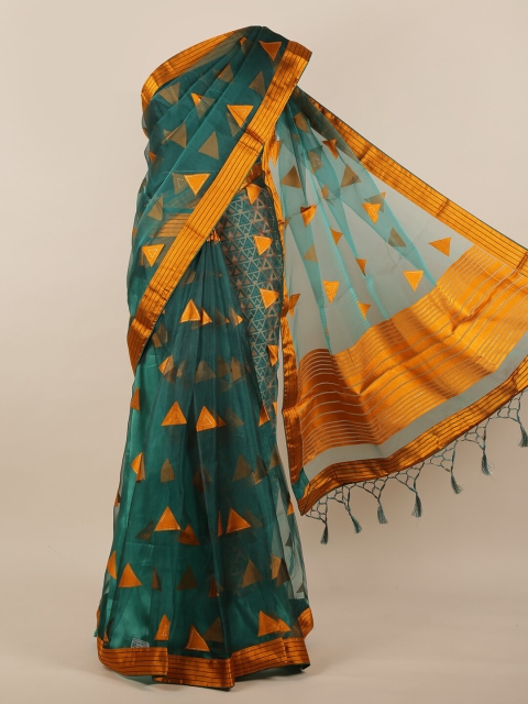 

Pothys Green & Mustard Geometric Woven Design Zari Border Tissue Saree