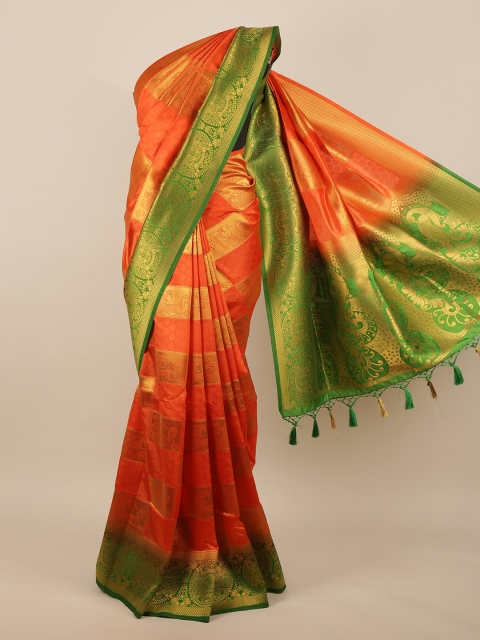 

Pothys Orange & Green Ethnic Motifs Zari Jute Silk Saree