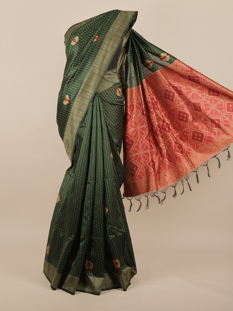 

Pothys Green & Red Woven Design Striped Jute Silk Saree