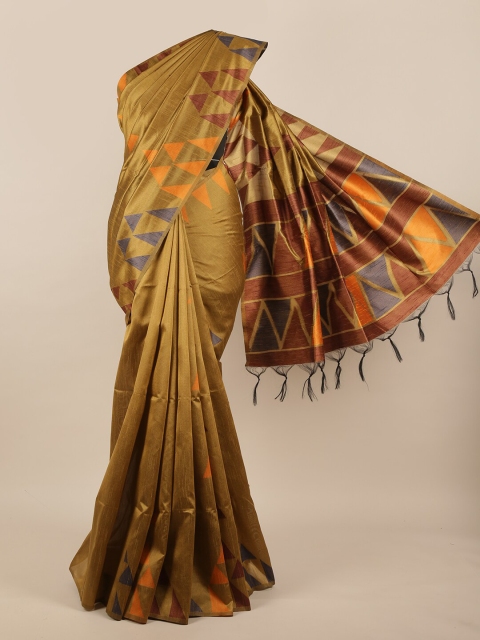 

Pothys Khaki & Orange Jute Silk Saree