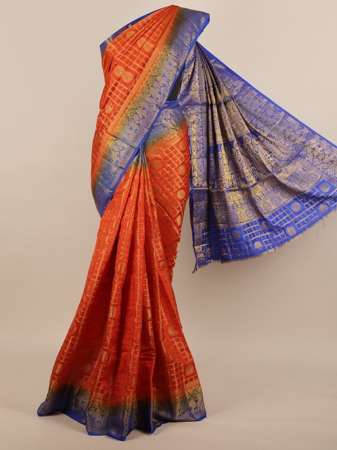 

Pothys Orange & Blue Checked Zari Detail Jute Silk Saree