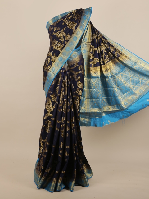 

Pothys Navy Blue & Gold-Toned Ethnic Motifs Jute Silk Saree