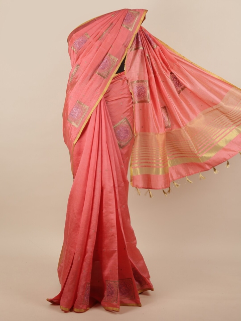 

Pothys Pink & Gold-Coloured Ethnic Motifs Embroidered Zari Jute Silk Saree