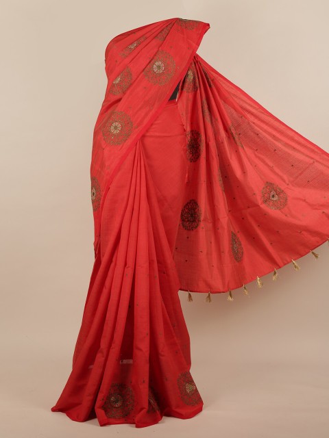 

Pothys Red & Gold-Toned Ethnic Motifs Jute Silk Saree