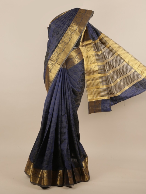 

Pothys Navy Blue & Gold-Toned Checked Zari Jute Silk Saree