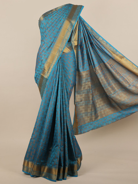 

Pothys Blue & Gold-Toned Floral Zari Jute Silk Saree