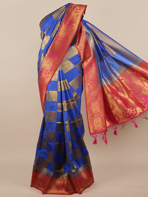 

Pothys Blue & Red Woven Design Zari Jute Silk Saree