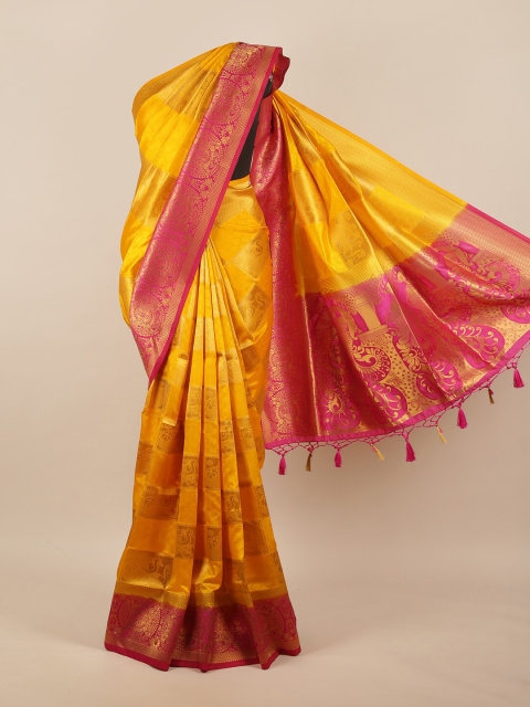 

Pothys Yellow & Pink Ethnic Motifs Woven Design Zari Jute Silk Saree