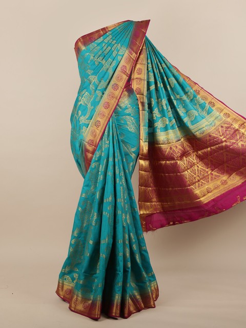 

Pothys Blue & Magenta Paisley Woven Design Zari Jute Silk Saree