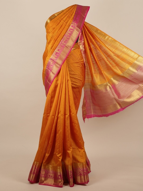 

Pothys Mustard & Pink Striped Woven Design Jute Silk Saree