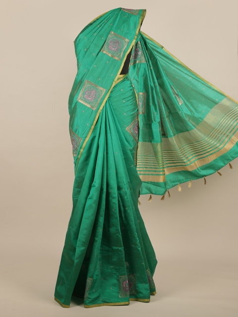 

Pothys Green & Gold Ethnic Motifs Embroidered Zari Border Jute Silk Saree