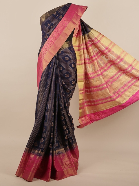 

Pothys Navy Blue & Pink Checked Jute Silk Saree