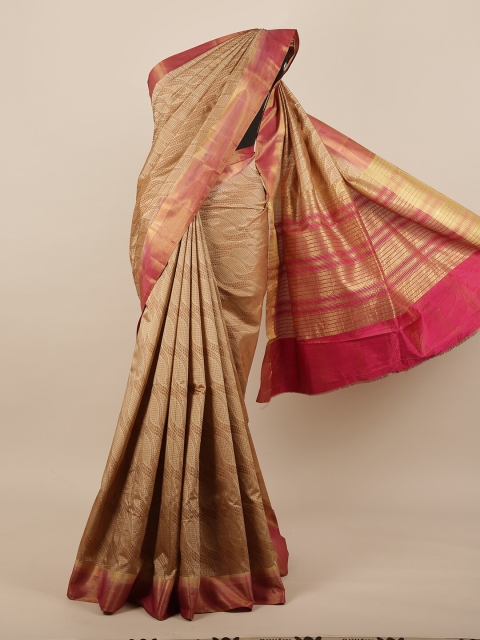 

Pothys Tan & Pink Ethnic Motifs Printed Zari Border Jute Silk Saree