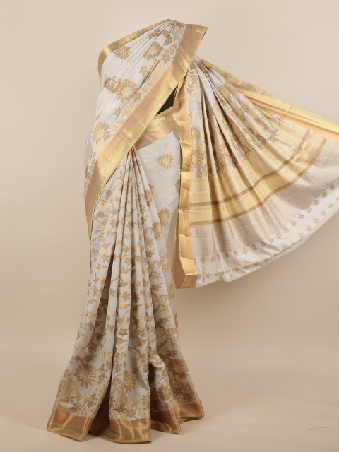 

Pothys Grey & Gold-Toned Floral Jute Silk Saree
