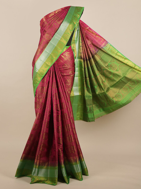 

Pothys Magenta & Green Ethnic Motifs Zari Jute Silk Saree