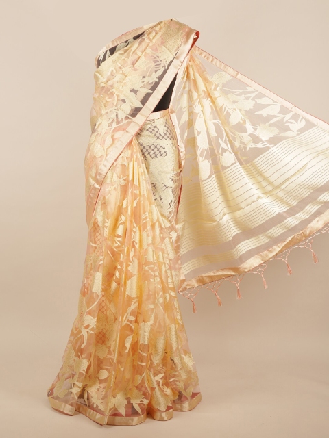 

Pothys Peach-Coloured & Gold-Toned Floral Brasso Tissue Saree