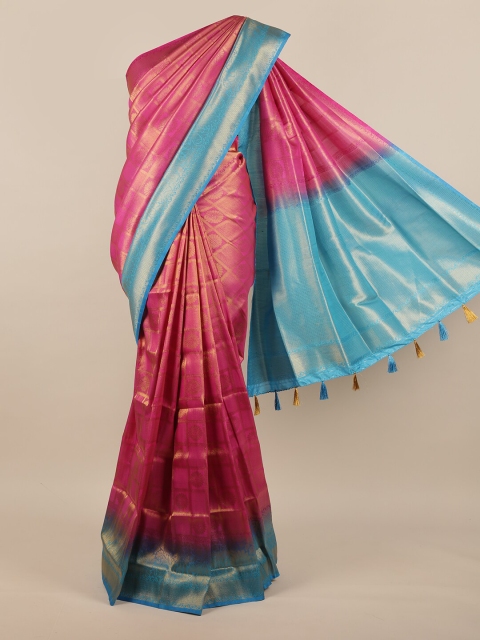 

Pothys Pink & Turquoise Blue Ethnic Motifs Woven Design Zari Jute Silk Saree