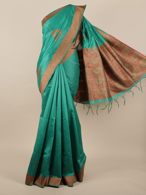 

Pothys Green & Brown Ethnic Motifs Woven Design Jute Silk Saree