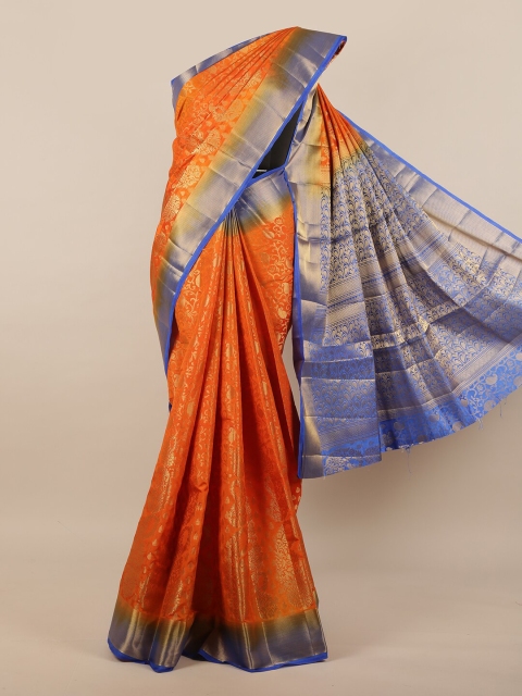 

Pothys Orange & Blue Ethnic Motifs Zari Jute Silk Saree