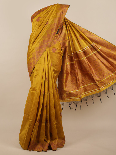 

Pothys Mustard & Pink Woven Design Jute Silk Saree