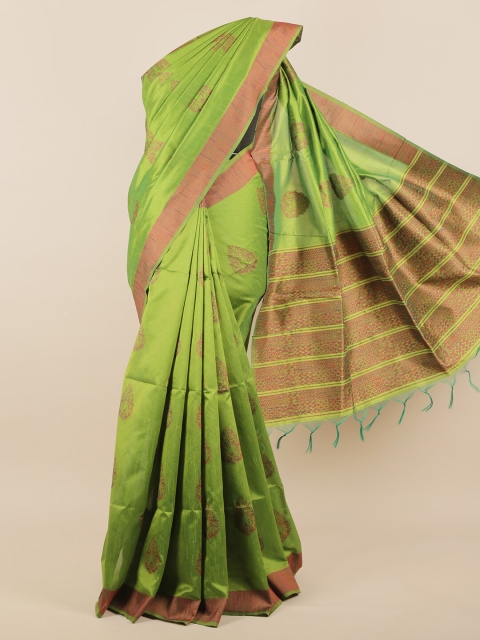 

Pothys Green & Rust Red Ethnic Motifs Jute Silk Saree