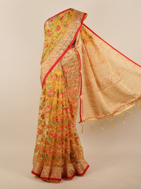 

Pothys Yellow & Red Floral Brasso Printed Tissue Saree