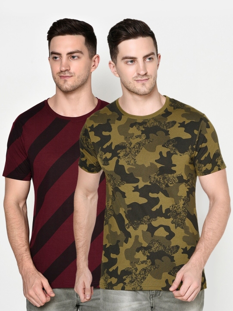 

ELEGANCE Men Maroon & Green Pack Of 2 Printed T-shirt