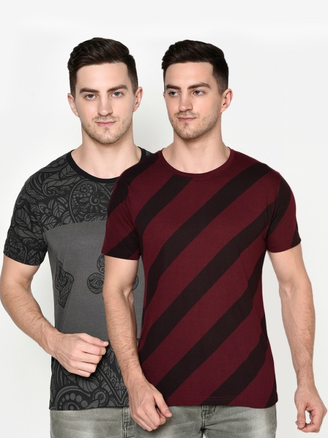 

ELEGANCE Men Set of 2 Maroon & Grey Printed T-shirts
