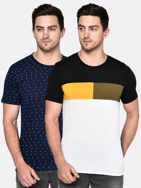 

ELEGANCE Men Black & Navy Blue Set of 2 Printed T-shirt