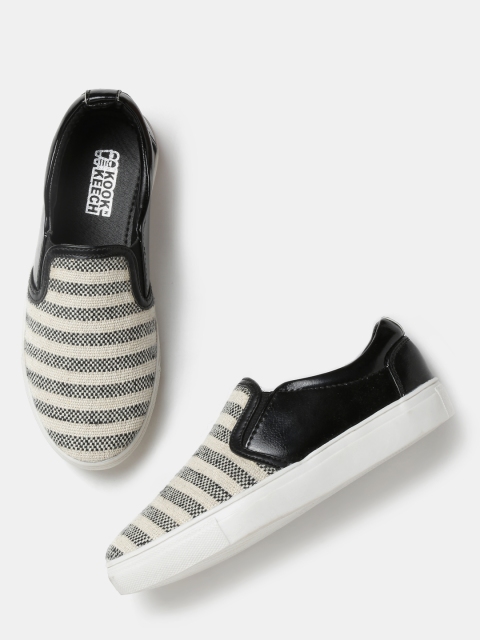 

Kook N Keech Women Cream-Coloured & Black Striped Slip-On Sneakers