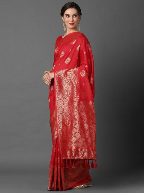 

Mitera Red & Gold-Toned Ethnic Motifs Woven Design Banarasi Saree