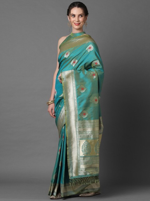 

Mitera Teal & Gold-Toned Ethnic Motifs Zari Silk Blend Banarasi Saree