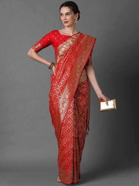 

Mitera Red & Gold-Toned Ethnic Motifs Silk Blend Banarasi Saree