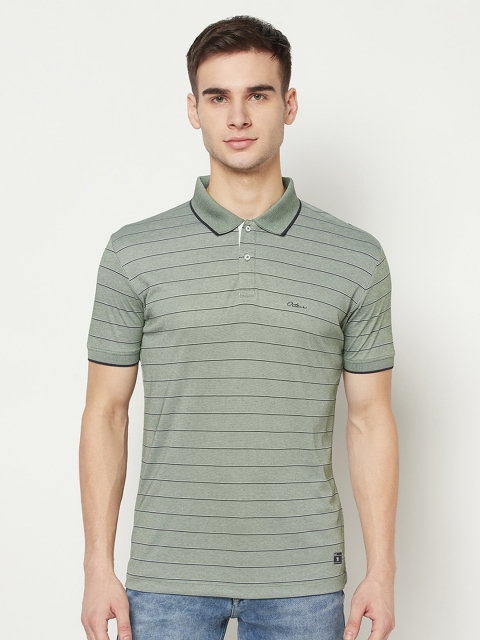 

Octave Men Olive Green Striped Polo Collar T-shirt